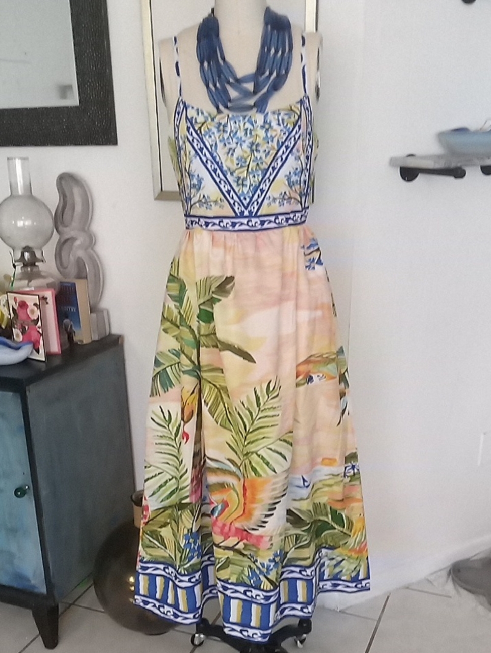 Tropical Print Spaghetti-Strap Maxi Dress in Yellow and Green